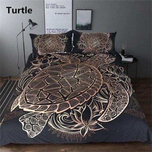 Turtles Bedding Set Duvet Animal Bohemian Black Golden Tortoise Duvet Cover King Sizes Flowers Lotus Home Textiles 3pcs Luxury