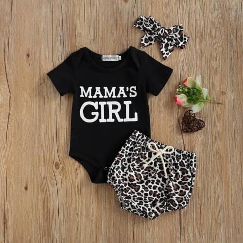 Summer Lovely Baby Boys Girls Clothes Sets 3pcs Letter Short Sleeve Romper Tops Leopard Shorts Headband