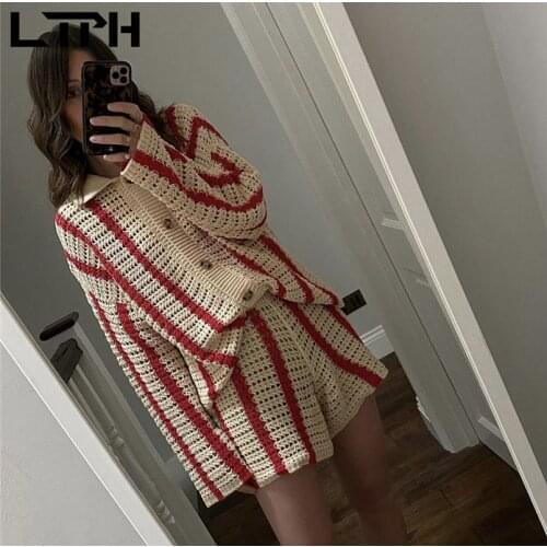 LTPH women knitted two piece set lapel long sleeve cardigan outwear high waist package hip shorts casual sets 2021 autumn new