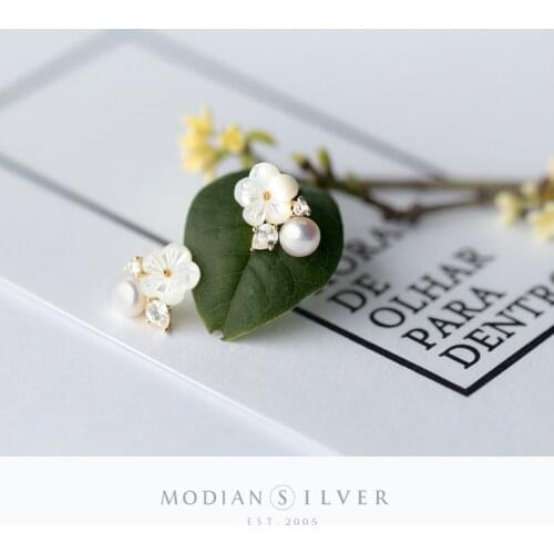 Modian Hot Sale 925 Sterling Silver Blooming White Frangipani Flower Pearl Stud Earring for Women Fashion Ear Pin Fine Jewelry