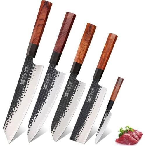 BIGSUNNY Kitchen knife Set, Handmade Forged Chef Knife and Cleaver High Carbon 3 Layers 9CR18MOV Clad Steel