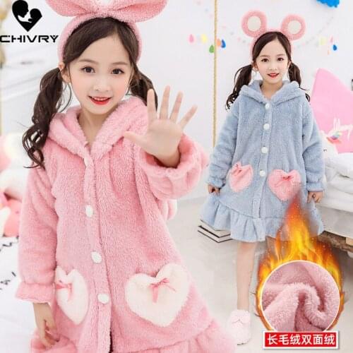 New 2021 Autumn Winter Girls Thicken Bathrobe Baby Bath Robes Kids Cute Rabbit Flannel Pajamas Long Sleeve Towel Robe Home Wear