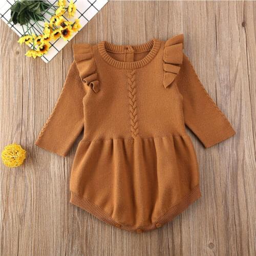 Newborn Baby Girl Boy Outfits Knit Long Ruffle Sleeve Sweater Romper Autunm Spring Warm Clothes Button Tops