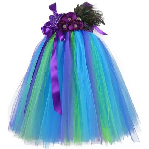 Princess Girls Peacock Tutu Dress Handwork Real Peacock Feather Flower Girls Ball Gown Dresses For Photo Props Birthday Wedding