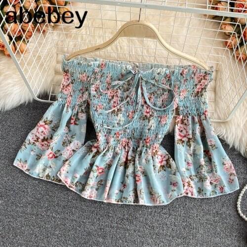 2021 New Summer Sweet off shoulder slash neck flare sleeve Shirt lace up bow high waist pleated Ruffles print Shirt Top