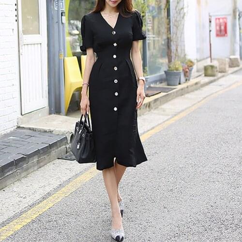 SMTHMA 2021 New Fashion Summer Elegant Office Lady Solid Color Korea Chic Dress Women Slim Midi Dress Vestidos