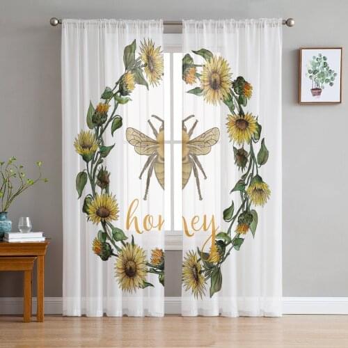 Bee Sunflower Honey White Window Treatment Tulle Modern Sheer Curtains for Kitchen Living Room the Bedroom Curtains Decoration