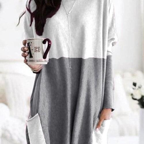 Ladies Casual O-Neck Long Loose Casual Stitching Pocket Shirt Solid Color Long-Sleeved Patchwork Shirt