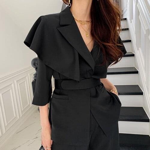 Korean Fashion Pant Suits Two Piece Set Women Notched Collar Blazer + High Waist Split Wide Leg Pant Office Lady 2 Piece Outfits