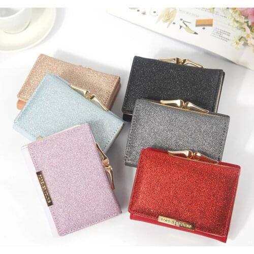 Ladies Wallet Pu Leather Short Card Holder Fashion 6 Colors Optional Casual Sequins Tri-Fold Classic Metal Button Coin Purse
