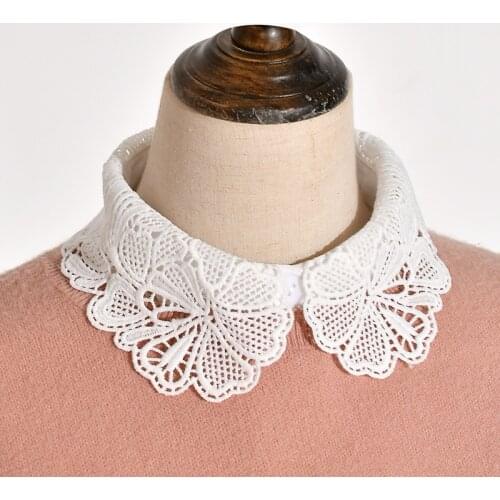 Linbaiway Korean White Fake Collar Women Embroidery Floral Lace Lapel False Collars Detachable Collars Decorative Faux Col