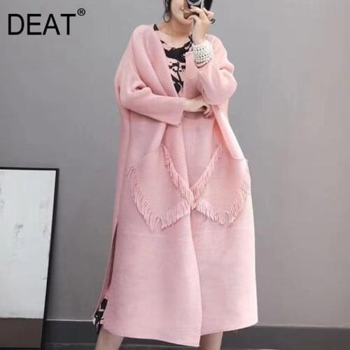 DEAT Woman Pleated Jackets Tassel Pockets Solid Cardigan Oversized Elastic Loose Wild Coat Casual Style 2021 New Autumn 15XF407