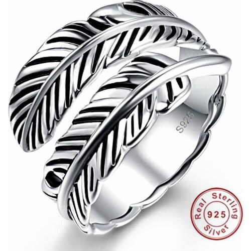 925 Sterling Silver Opening Ring Surrounded Retro Feathers Ring for Women Wedding Engagement AAA Quality