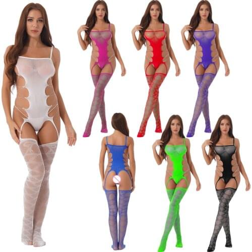 Women Hollow Out Mesh Lingerie Bodysuit Nightwear Spaghetti Strap Cutout Body Stocking Jumpsuit Sleepwear Nightwear