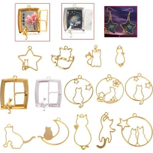 14 Pcs/Set DIY Epoxy Resin Crafts Metal Frame Cat Kitten Moon Shape Cartoon Jewelry Pendant Necklace UV Resin Material Handmade