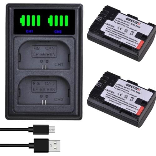 2000mAh LP-E6 LP E6 LPE6 Camera Battery + LED Dual Charger with type-C port for Canon 5D Mark II III 7D 60D EOS 6D 70D 80D