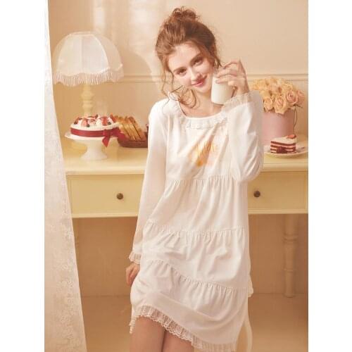 Free Shipping Rose Tree 2020 New Autumn Womens Pyjamas Lace White and Pink Sleepwear Cotton Nightgown Sweet Girl Nightshirt