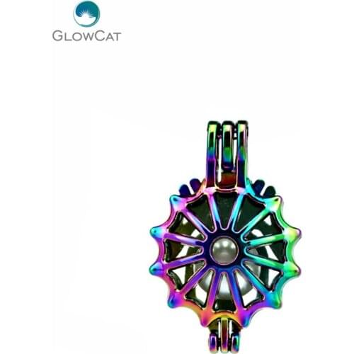 C556 5pcs/lot Rainbow Color 30mm Flower Spider Web Cage Pendant Pearl Locket Fairytale Party Essential Oil Diffuser