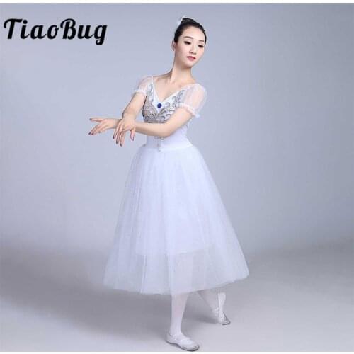 Women V Neck Puff Sleeve Long Tulle Pink/Blue/White Tutu Ballet Dress Dancewear Stage Performance Ballroom Party Dance Costume