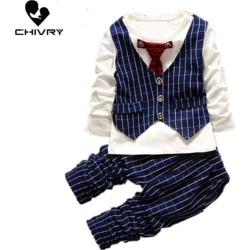 New 2020 Newborn Baby Boys Clothing Sets Autumn Necktie Plaid Vest Tops with Pants Toddler Tracksuits Infant Clothes Set