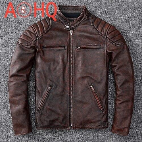 2021 Real Genuine Leather Jacket Men Stand Collar Vintage Cow Leather Coat Motorcycle Womens Clothing Chaquetas Hombre WPY9955