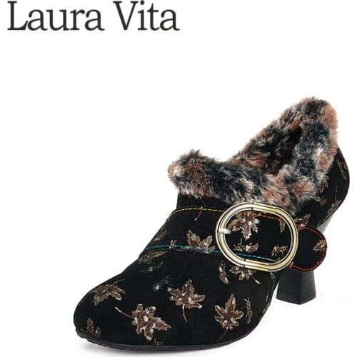 Laura Vita Elegant Genuine Leather Zipper Soft High Heel Pumps Ankle Boots Zipper Shoes Plush Insole Fur-lined Women Shoes