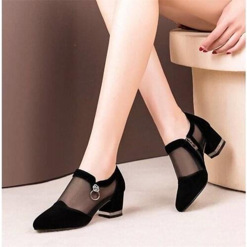 Summer Women High Heel Shoes Mesh Breathable Pumps Zip Pointed Toe Thick Heels Fashion Female Dress Shoes Elegant Footwear