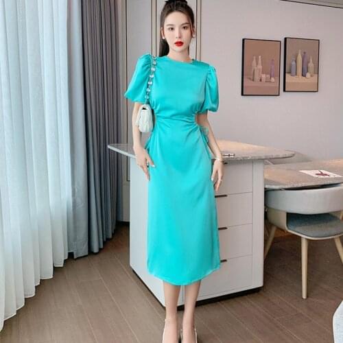 Fashion Summer French Romantic Vintage Puff Sleeve Midi Party Dress Ladies OL Elegant Coffee Break Sexy Hollow Beach Satin Dress