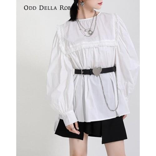 OddDellaRobbia 2021 Spring Womens French Romance Pure Color Irregular Stitching Top Tassel Lace Lantern Sleeve Shirt 1571