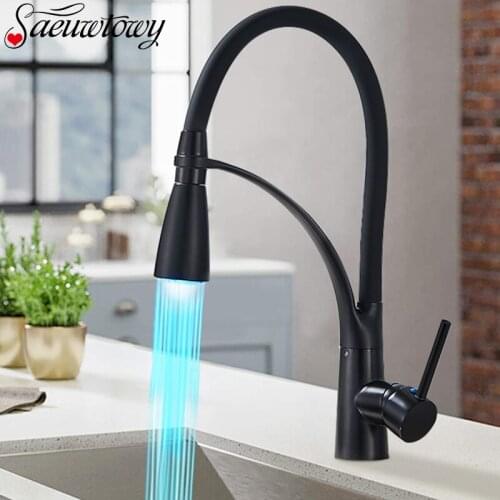 Saeuwtowy Chrome LED Kitchen Faucet with Black Hose one Handle one Deck Mounted Sink Mixer Tap 360 ° Rotatble Basin Faucet
