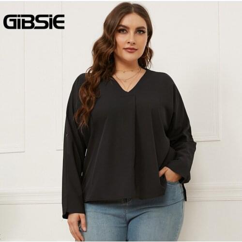GIBSIE Plus Size V Neck Solid Blouse Shirt Women Casual Long Sleeve Black Tops xxxl 4xl Female Loose Blouses 2021 Autumn New