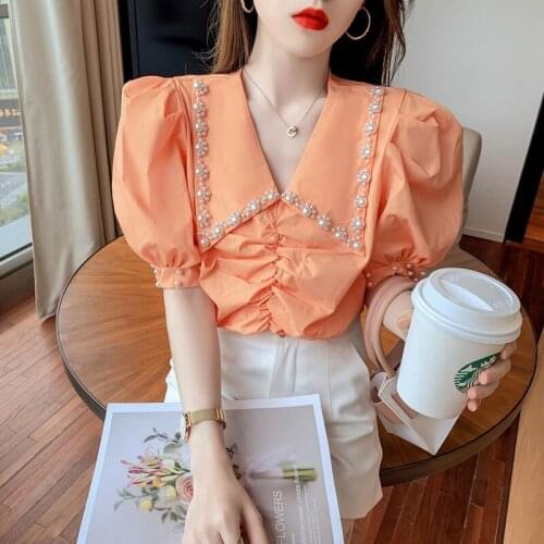 Women Blouses Turn-down Collar Summer 2021 New hubble-bubble Sleeve v-neck Shirt Female Shirts Harajuku Female New SZH617632