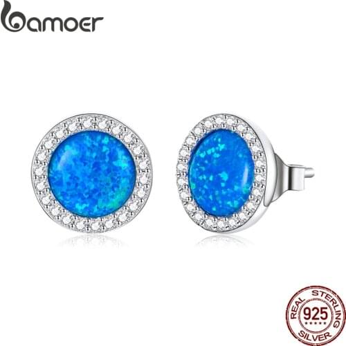 Bamoer Silver Classic Opal Earring 925 Sterling Silver Blue Opal CZ Round Stud Earrings For Women Wedding Trendy Jewelry BSE467