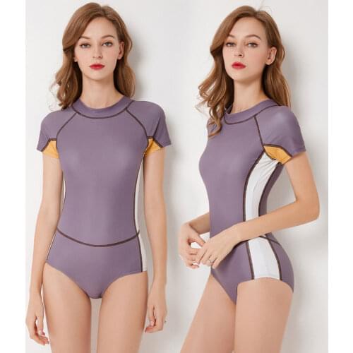 Womens Short Sleeve Rash Guard UV UPF 50+ Sun Protection Solid Zipper Back Surfing One Piece Swimsuit Bathing Suit Swimwear