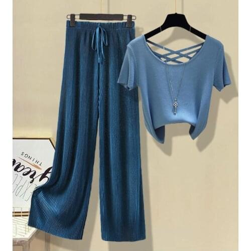 2021 Summer Womens Clothes Suit Casual Loose Sports Two Pieces Set Knit T-shirts + Elastic Waist Pants Tracksuit Women Y804