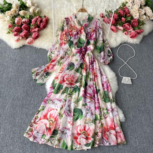 SINGREINY Women Retro Print Dress Sweet Bow Collar Puff Sleeve A-line Dresses Spring Bohemian Print Casual Vacation Long Dress