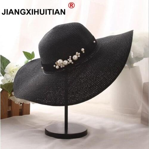 2017 summer Fashion flat brim straw hat pearl beading fedoras womens sun-shading sunscreen jazz Panama hat outdoor beach hat