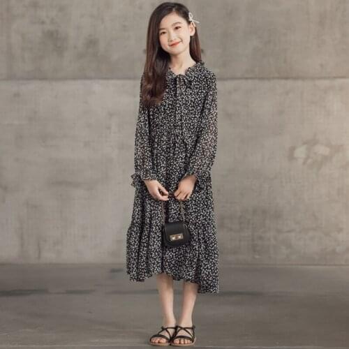 2021 Girl Dress Elegant Floral Bow Chiffon Princess Dress with Lining Kids Clothes Teenager Children Dress 6 8 10 12 14 16Years