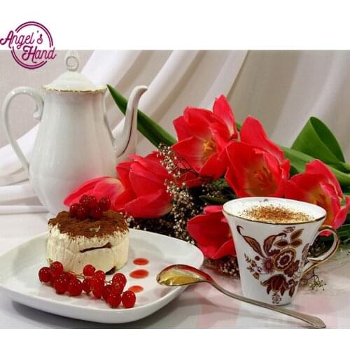 Diy Diamond Painting Coffee Cake Flowers Home Decoration 5d Diamond Embroidery Needlework Diamond Mosaic kitchen Wall Stickers