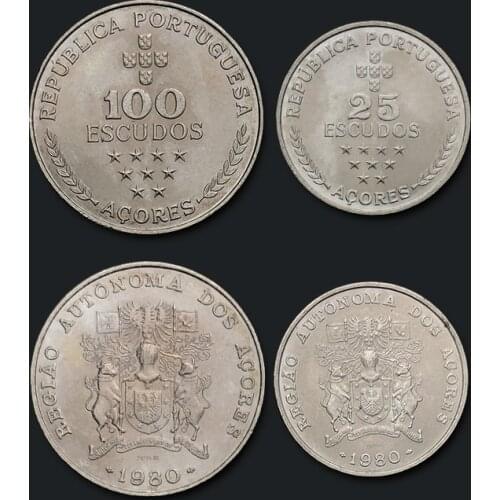 Autonomous Region of the Azores Islands, Portugal Set 2 Pieces 1980 100% Real Original Coins Genuine Collection Coins Unc