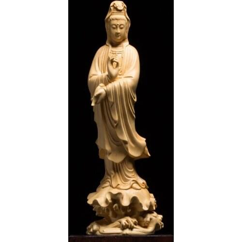 21/30CM Wood Statue Buddha Guanyin Bodhisattva Home Dedicated Feng Shui Carving Crafts Ornaments Sea Guanyin