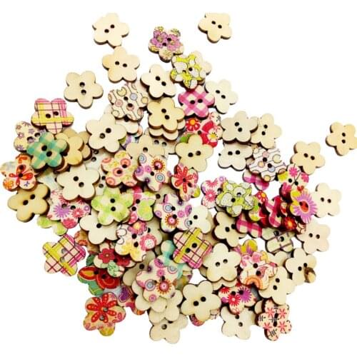 100 Pieces Printed Heart Flower Square Shape 2 Holes Buttons Wooden Buttons for Sewing Crafts Scrapbooking
