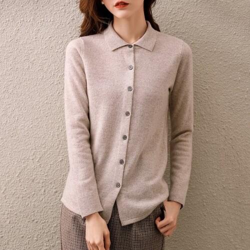 Long sleeve Ladies Fashion Cardigans Clothes Shirt Collar Sweaters Women Knitwears 100% Wool Knitted Sweaters