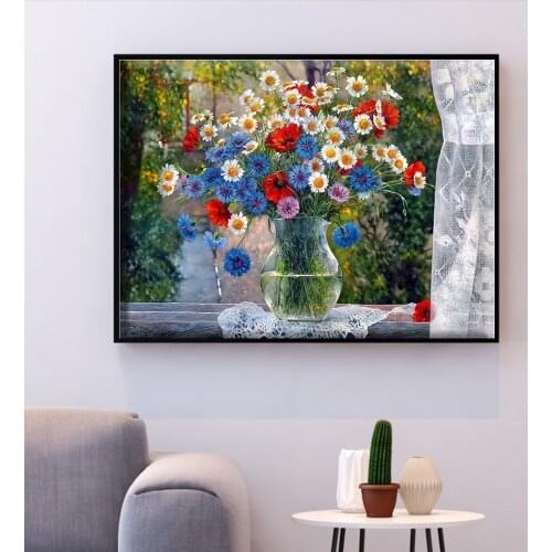 HUACAN Cross Stitch Embroidery Flower In Vase Cotton Thread Painting DIY Needlework Kits 14CT Home Decoration