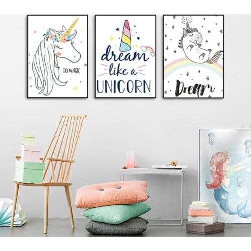 Unicorn Rainbow Baby Nursery Painting Cartoon Animal Quotes Wall Art Canvas Poster Picture Nordic Kid Children Bedroom Decor