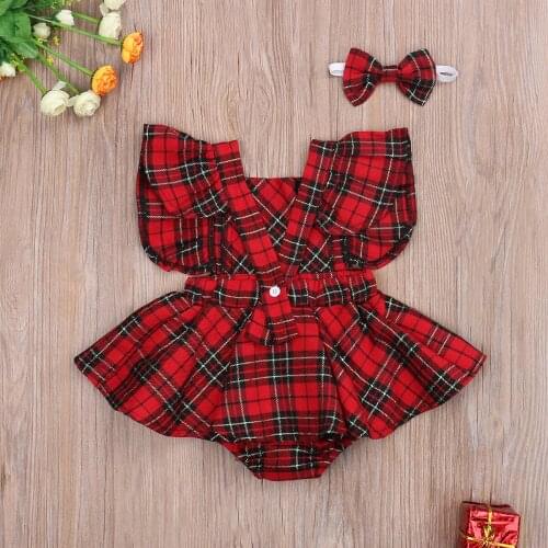 Cute Christmas Outfits Newborn Baby Girls Rompers Party Dress Plaid Red Ruffle Sleeveless Princess Toddler Infant Clothing