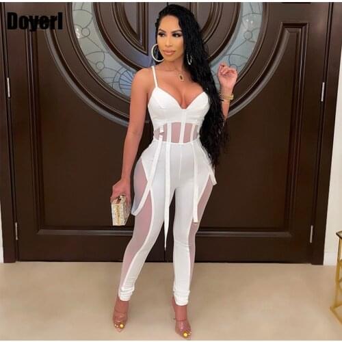 Patchwork Sheer Mesh Sexy Jumpsuit Clubwear Bodycon Romper Club Outfits Bandage White Rompers Womens Jumpsuit Overalls for Women