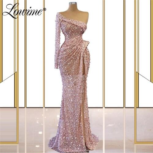 Lowime Pink Beading Party Dress Long Celebrity Dresses 2021 Newest Plus Size Dubai Arabic Formal One Shoulder Evening Gowns Robe