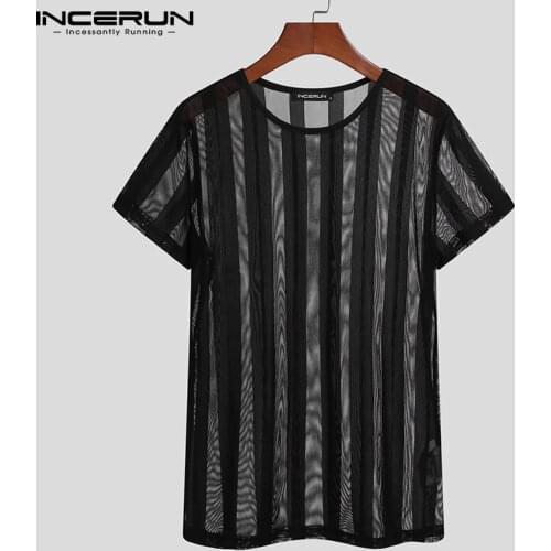 2021 Men Mesh T Shirt Striped Streetwear See Through Crew Neck Short Sleeve Casual Tee Tops Sexy Party Camisetas INCERUN S-5XL