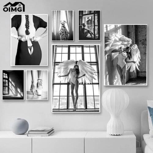 Angel Wings Woman in Window Wall Art Prints Black White Ballet Animal Dog Canvas Poster Sexy Lady Painting Picture Home Decor